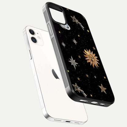 Celestial Moon With Stars Glass Case for iphone-12 floating mockup emphasizing star depth and gloss clarity