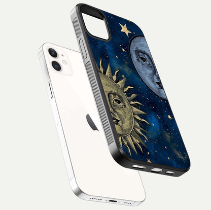 Celestial Moon With Sun Glass Case for iphone-12 floating mockup displaying vibrant contrast and HD gloss
