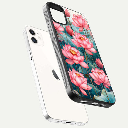 Celestial Pink Lotus Glass Case for iphone-12 floating mockup displaying cosmic tone and gloss surface
