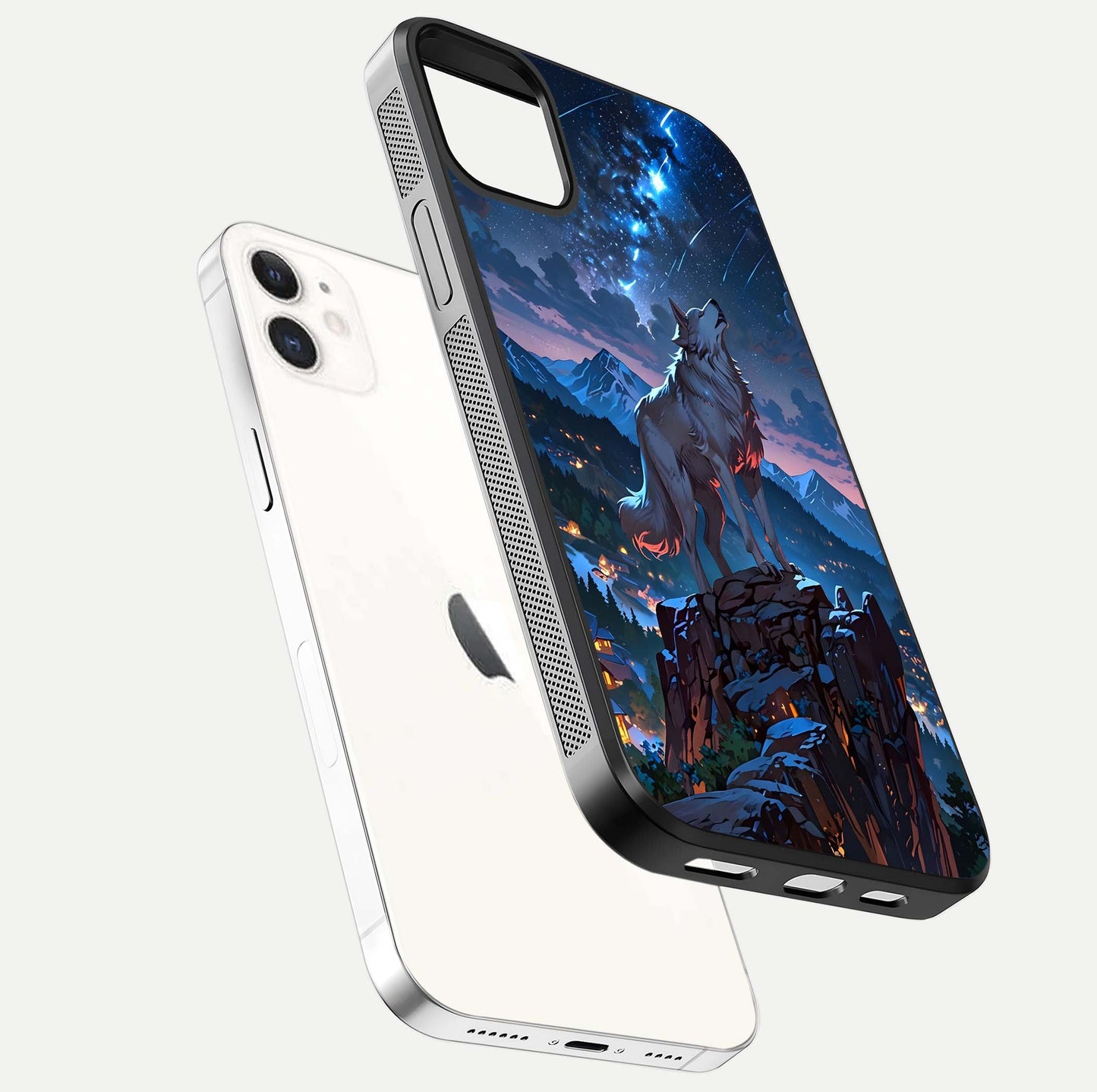 Celestial Wolf Howl Glass Case for iphone-12 floating mockup capturing reflection depth and silver gloss