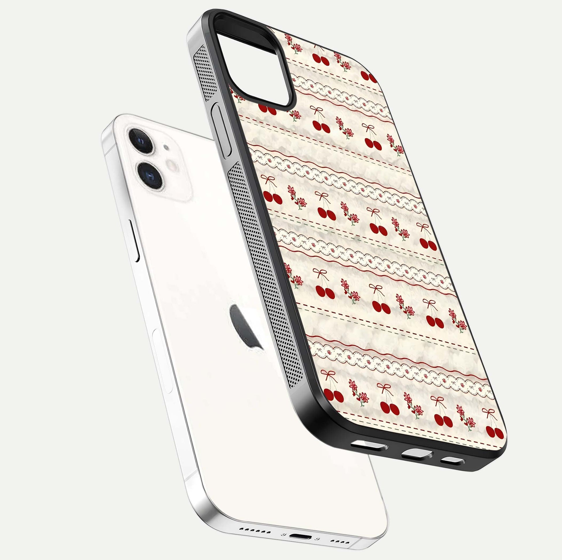 Cherry Bloom Charm Glass Case for iphone-12 floating mockup showing bloom texture and polished gloss