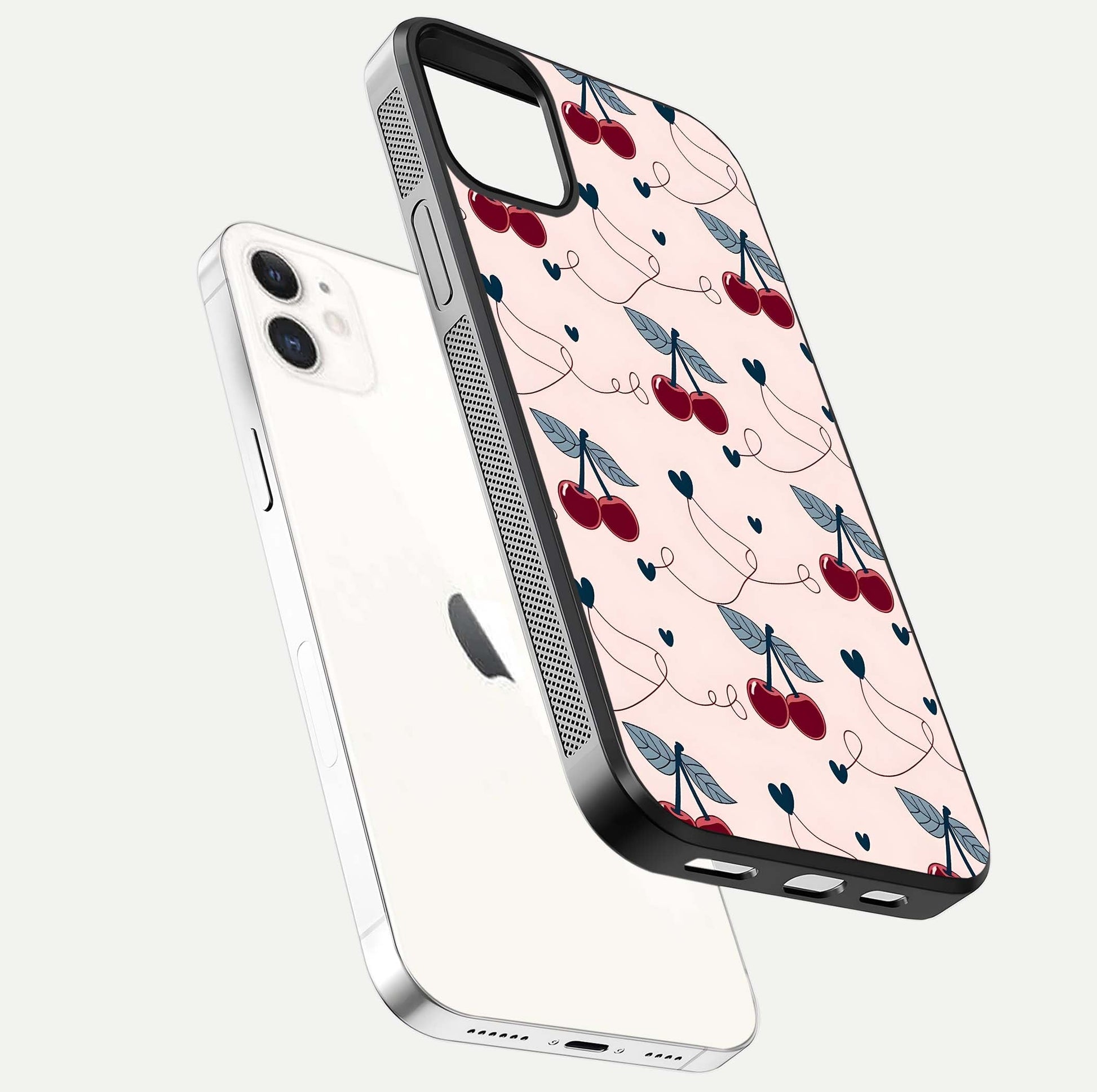 Cherry Heart Line Glass Case for iPhone 12 Mini floating mockup showing gloss polish and bright tones
