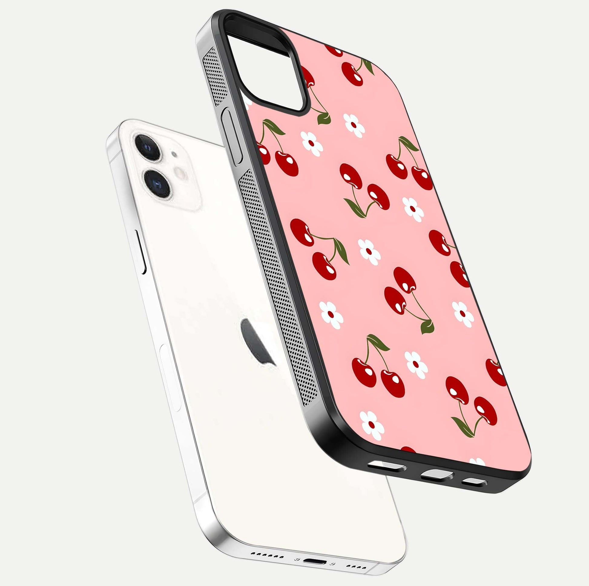 Cherry Love Mood Glass Case for iphone-12 floating mockup showing HD gloss reflection and red tones