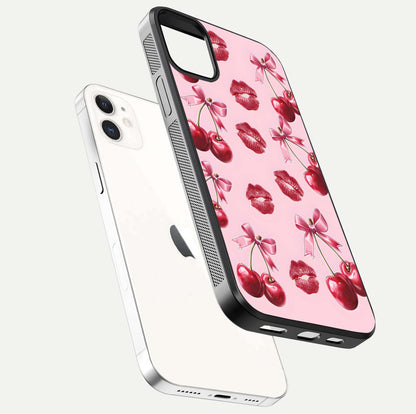 Cherry With Lips Glass Case for iphone-12 floating mockup showing HD gloss and pop-art inspired tones