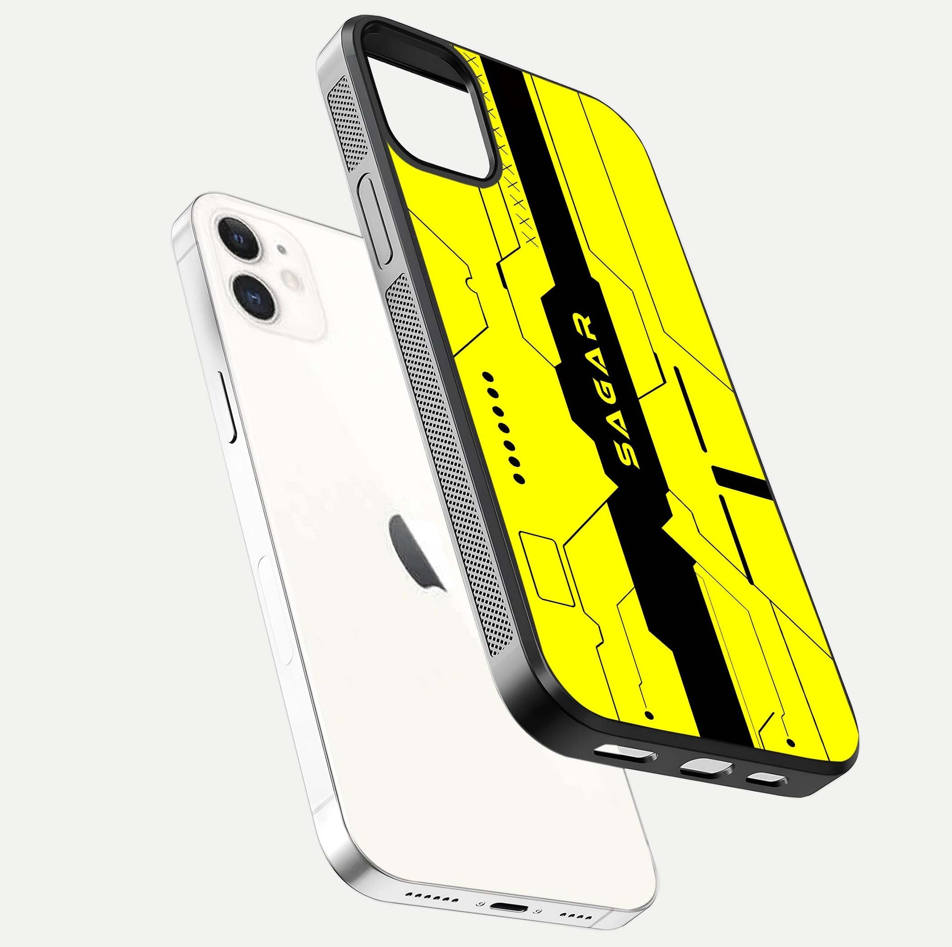 Circuit CYBERPUNK Custom Name Glass Case for iphone-12 floating mockup capturing glow effects and polished shine