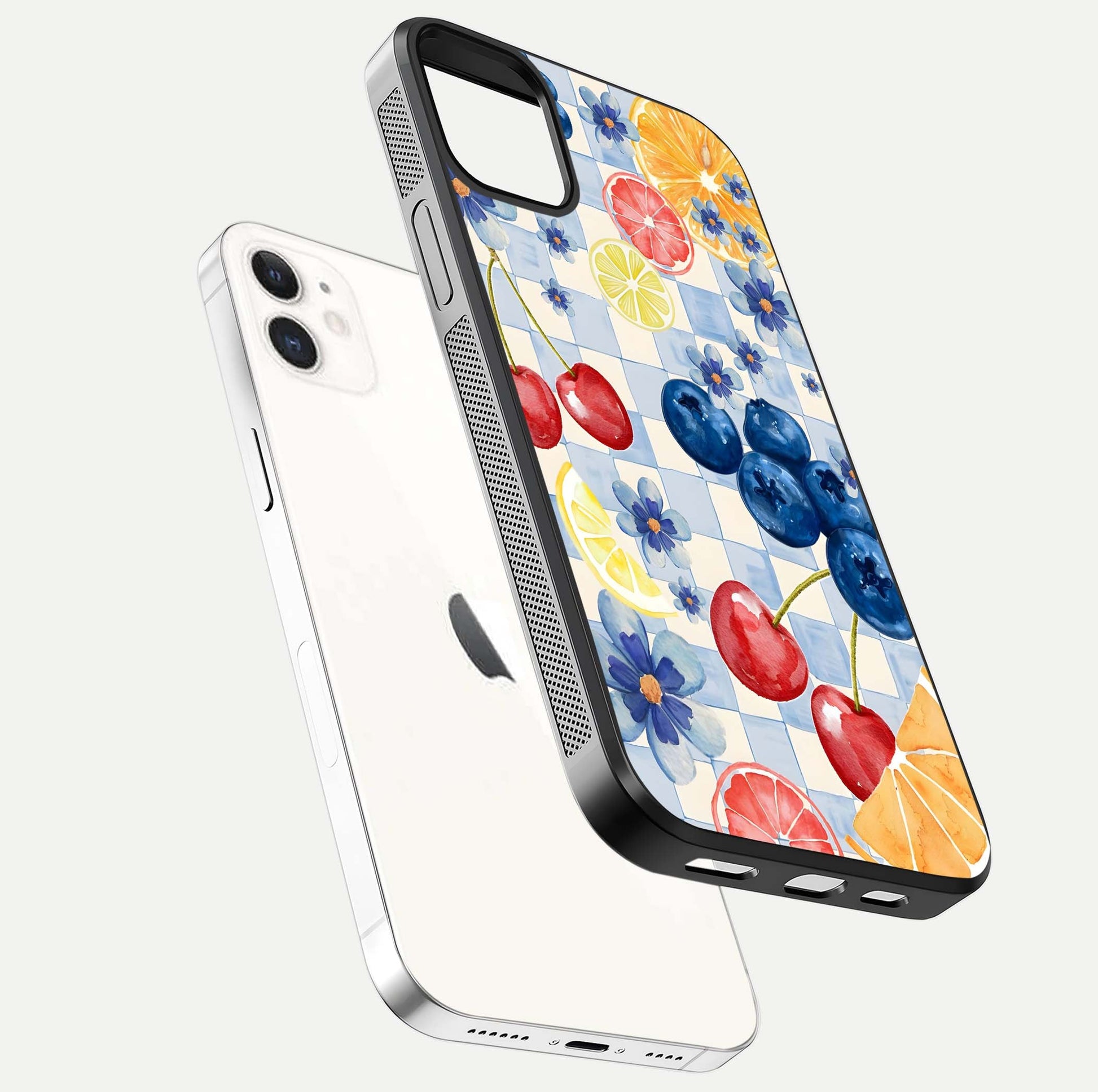 Citrus Bloom Joy Glass Case for iphone-12 floating mockup showing HD gloss and lively tone