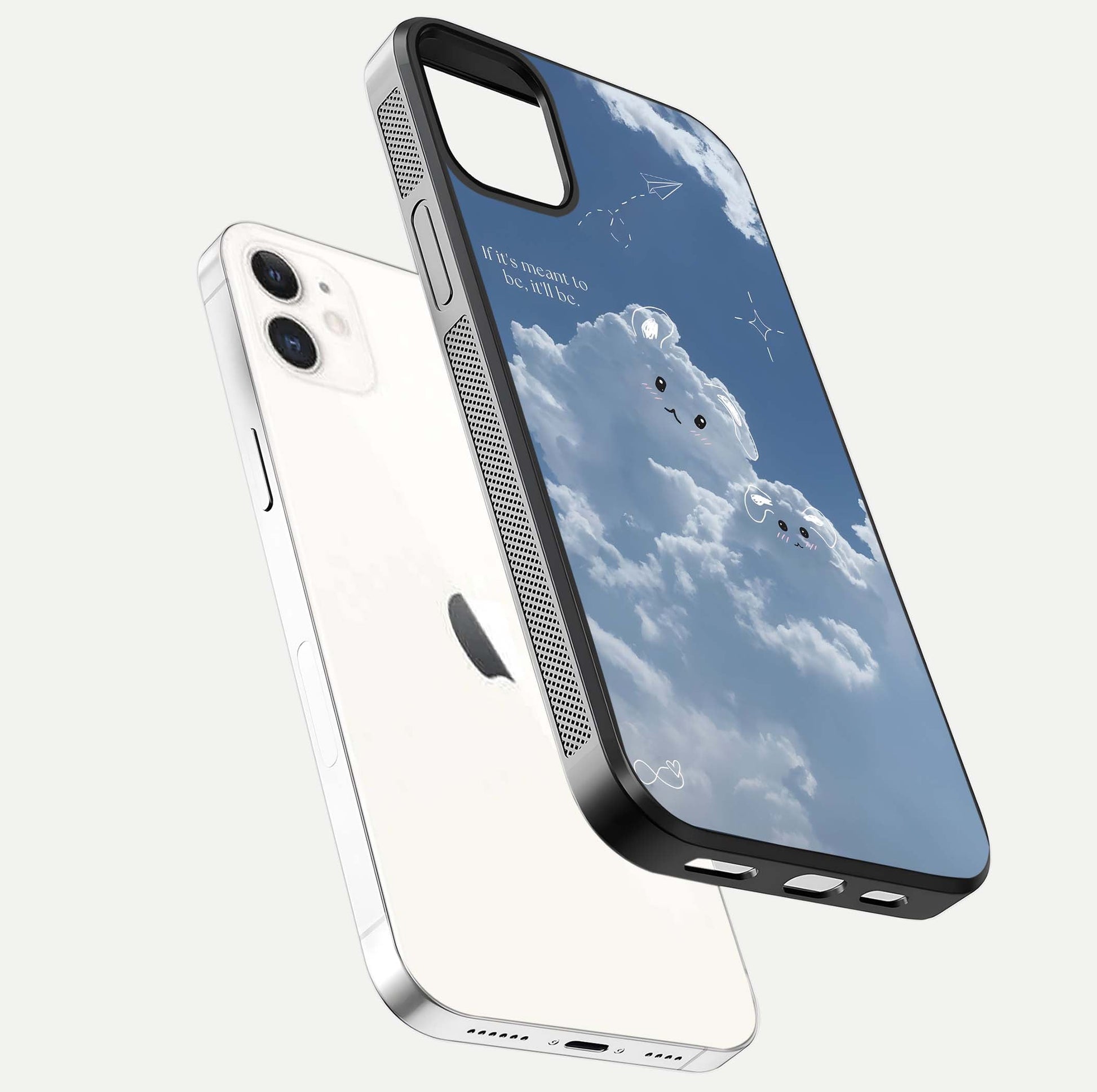 Cloud Bunny Dreams Glass Case for iphone-12 floating mockup showing soft gradient and gloss reflection