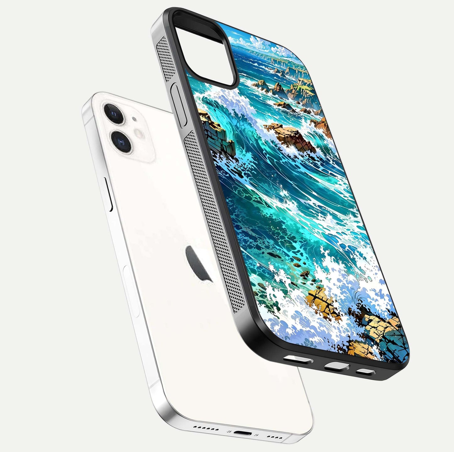 Coastal Blue Waves Glass Case for iphone-12 floating mockup showing HD reflection and wave details