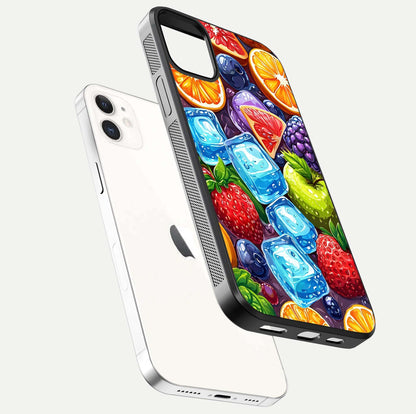 Colorful Fruits with Ice Glass Case for iphone-12 floating mockup showing bright shine and crystal clarity