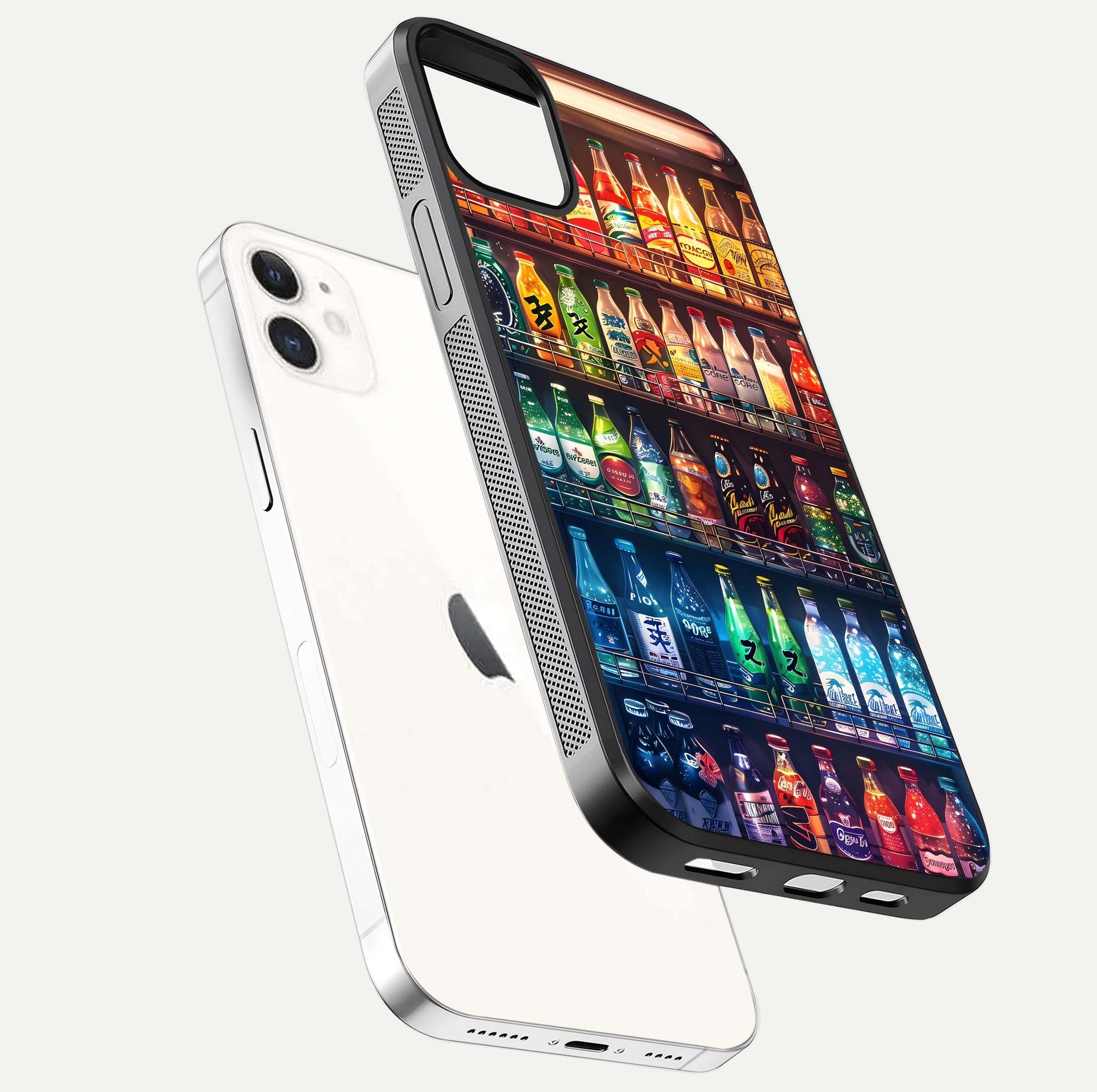 Colorful Soda Bottles Glass Case for iphone-12 floating mockup showing light reflection and bright gloss