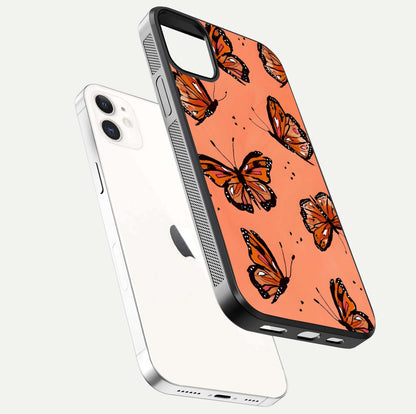 Coral Wing Butterfly Glass Case for iphone-12 floating mockup showing HD gloss texture and vivid coral color