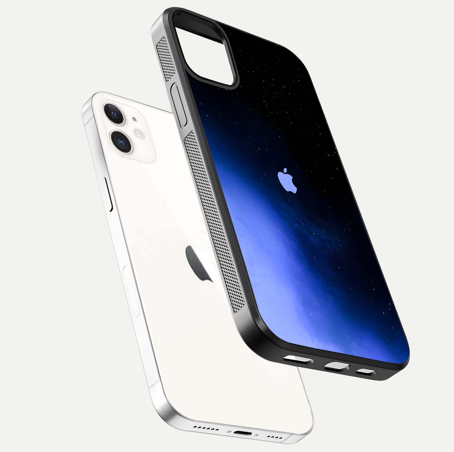 Cosmic Blue Apple Glass Case for iphone-12 floating mockup showing HD gloss and deep space gradient