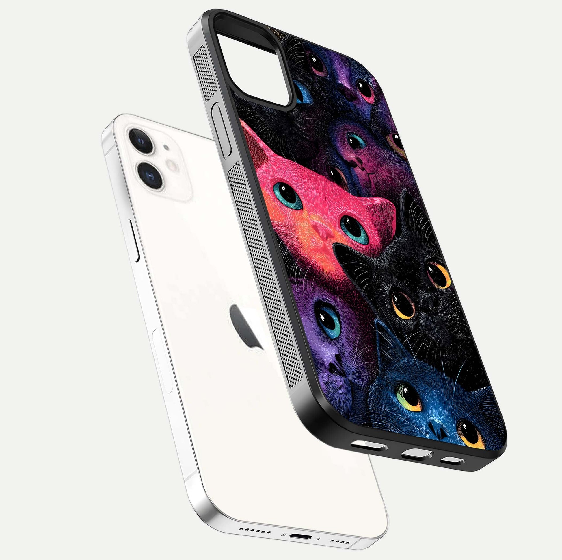 Cosmic Cats Dreams Glass Case for iphone-12 floating mockup showing star details and polish reflection