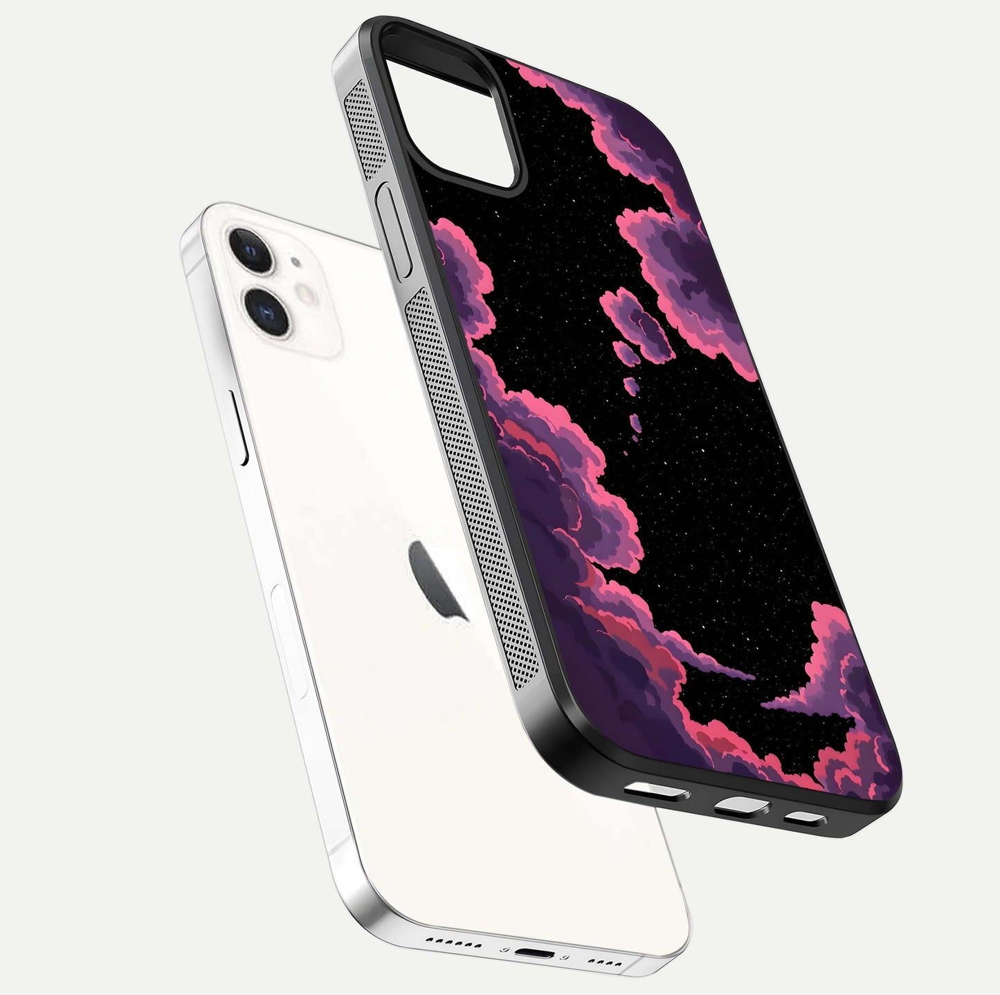 Cosmic Cloud Journey Glass Case for iphone-12 floating mockup showing HD gloss and cosmic gradient