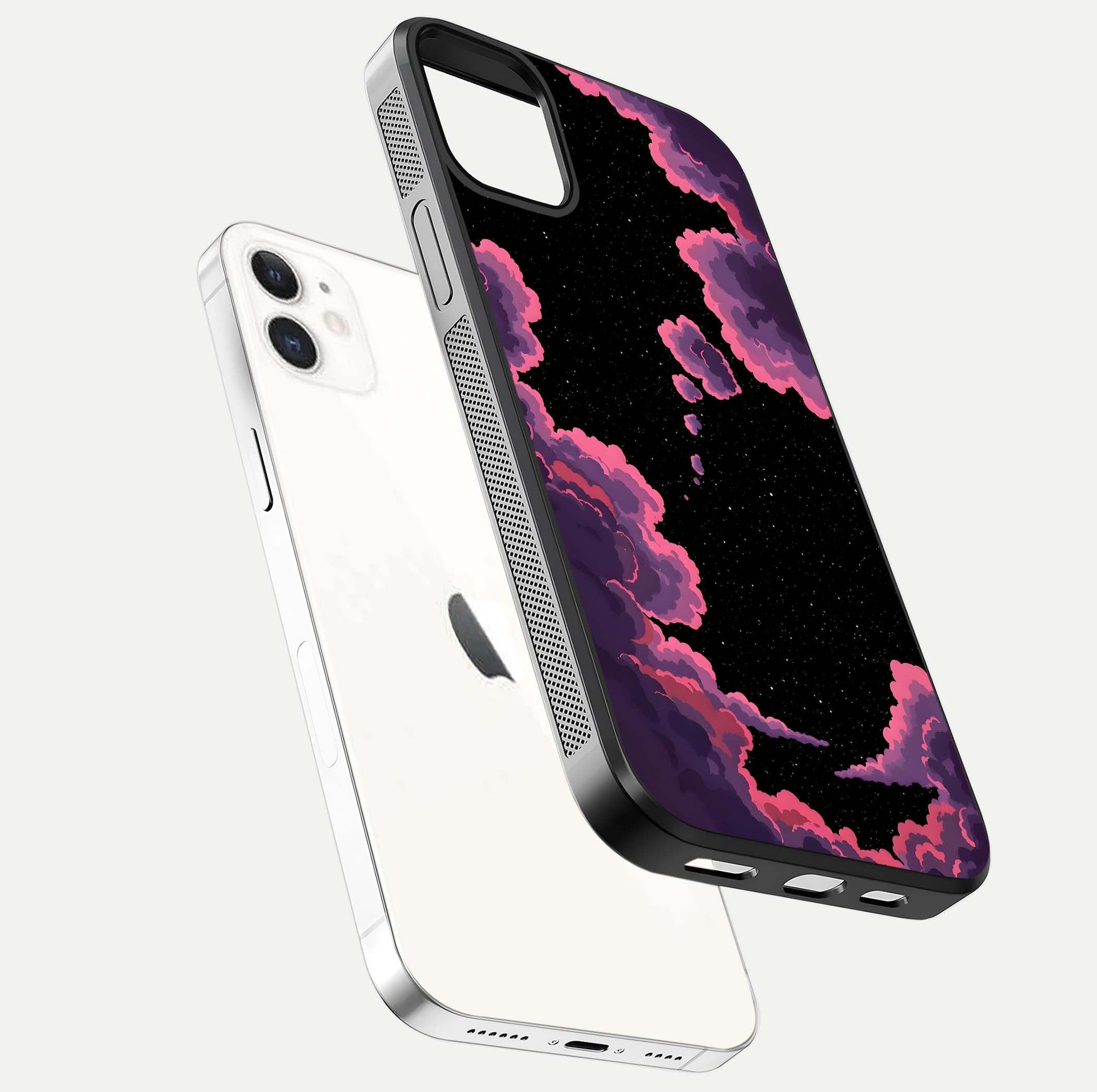 Cosmic Cloud Journey Glass Case for iphone-12 floating mockup showing HD gloss and cosmic gradient