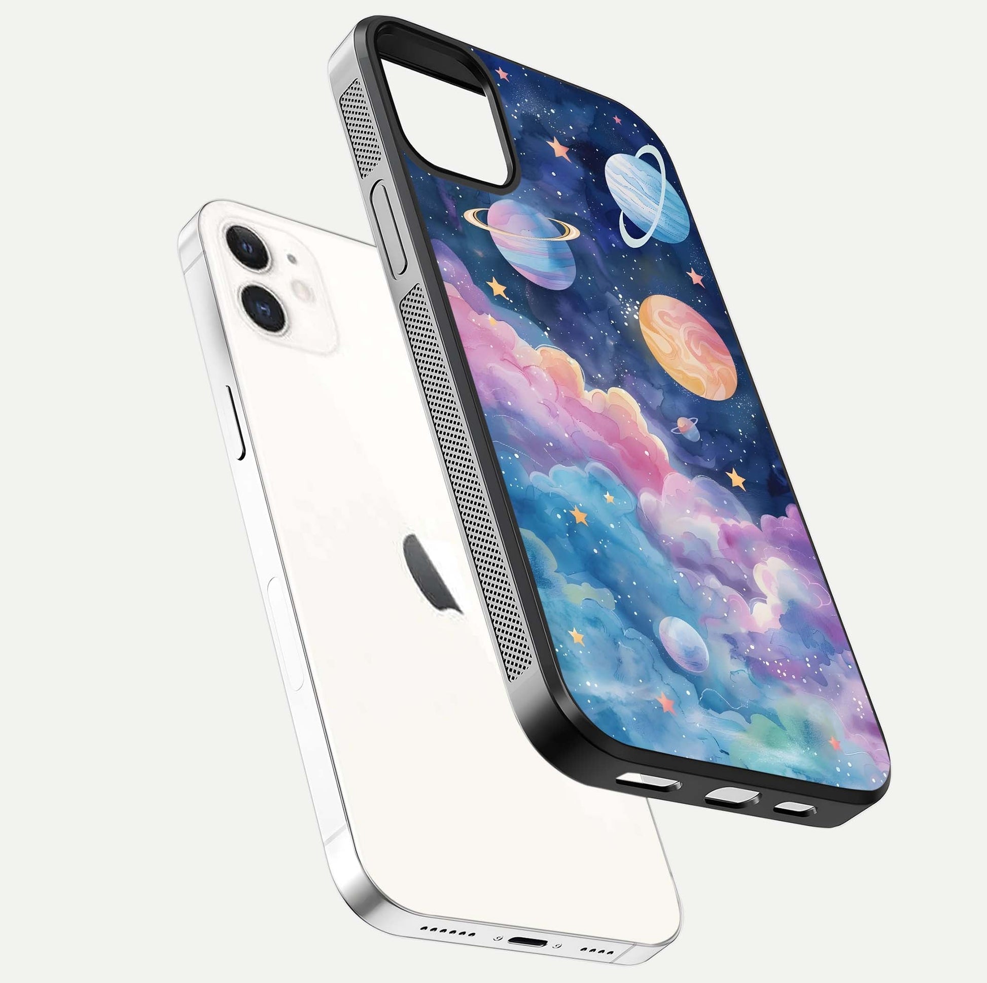 Cosmic Planet Dreams Glass Case for iphone-12 floating mockup showing HD gloss and cosmic reflection