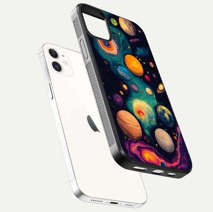 Cosmic Planet Journey Glass Case for iphone-12 floating mockup showing gloss gradient and deep shine