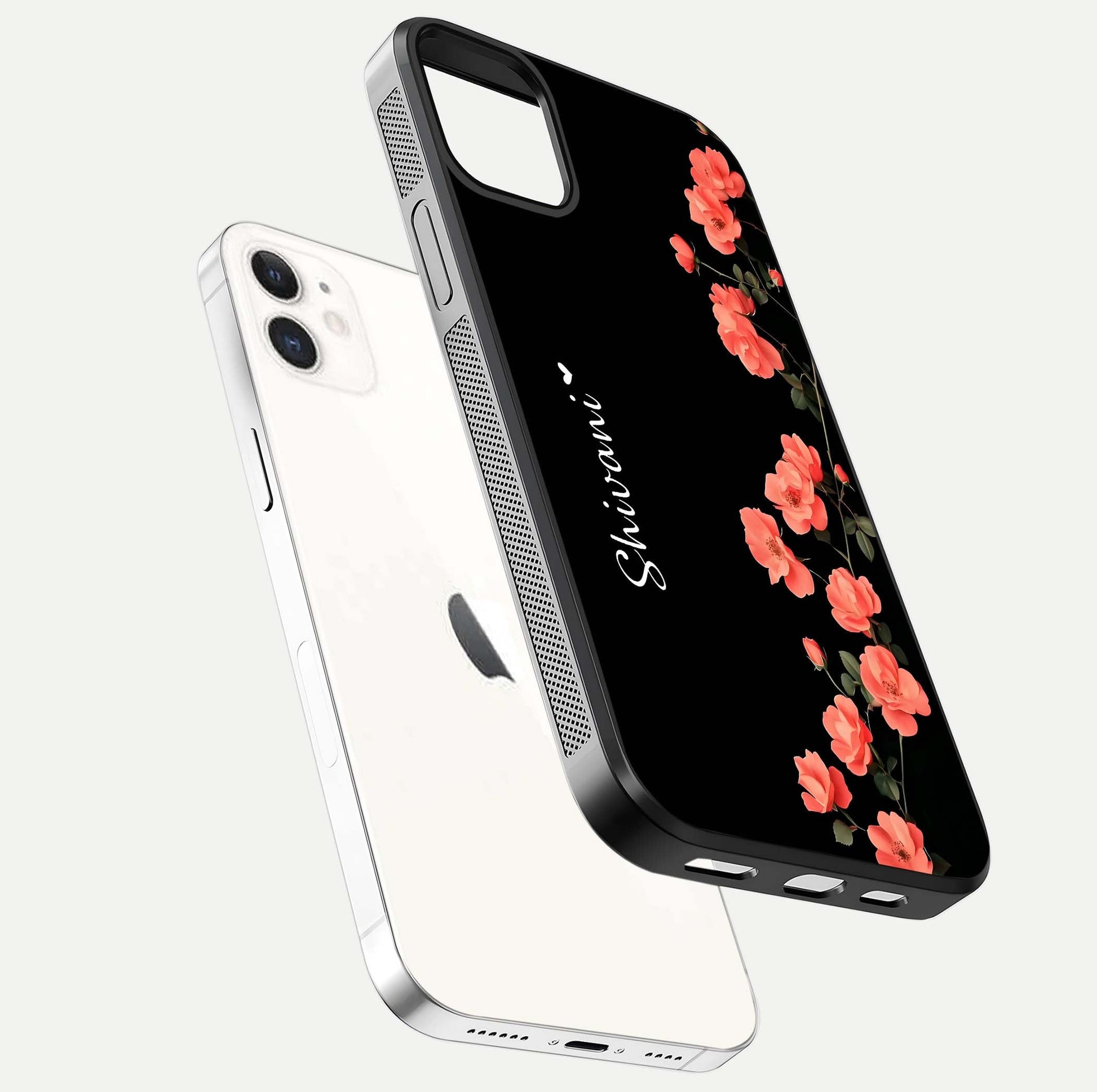 Crimson Bloom Grace Custom Name Glass Case for iphone-12 floating mockup showing HD gloss and floral tones