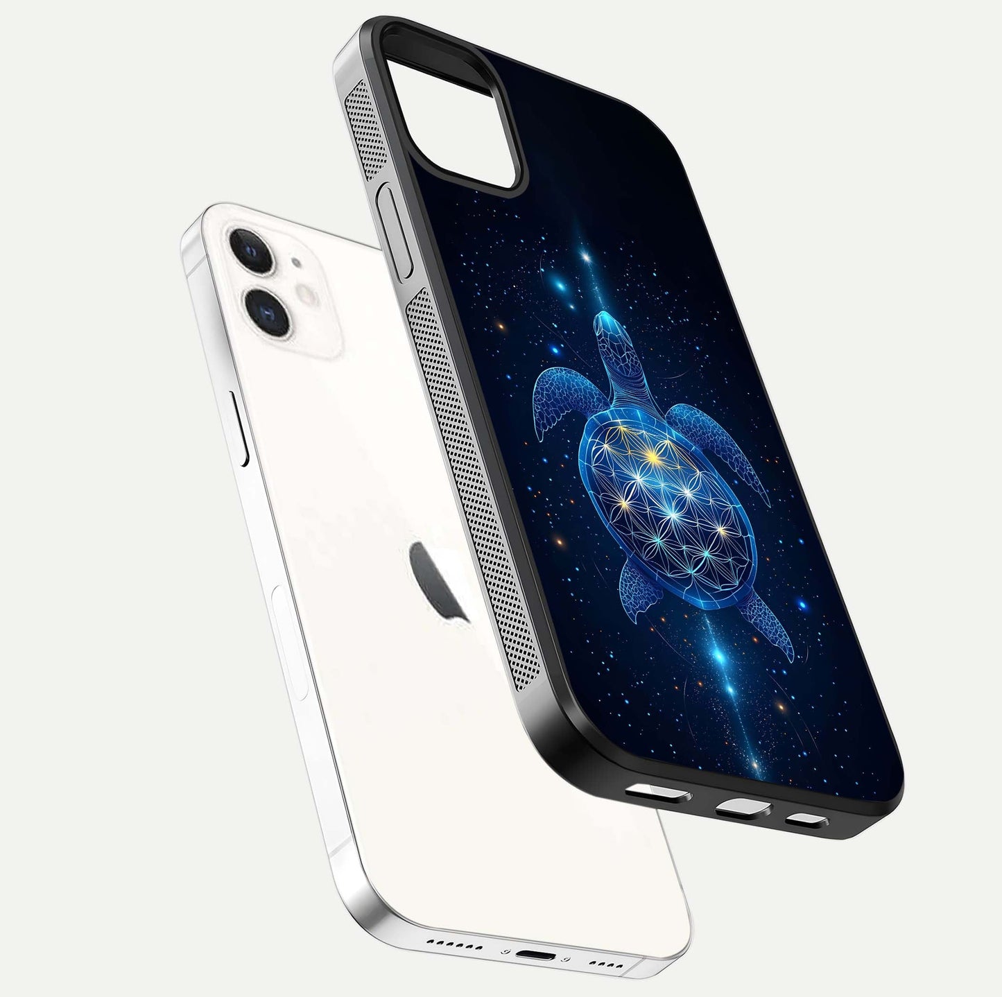 Crimson Blue Turtle Glass Case for iphone-12 floating mockup showing reflection polish and deep hues