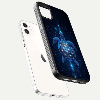 Crimson Blue Turtle Glass Case for iphone-12 floating mockup showing reflection polish and deep hues