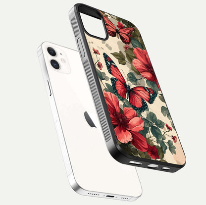 Crimson Butterfly Garden Glass Case for iphone-12 floating mockup showing HD gloss and vivid art