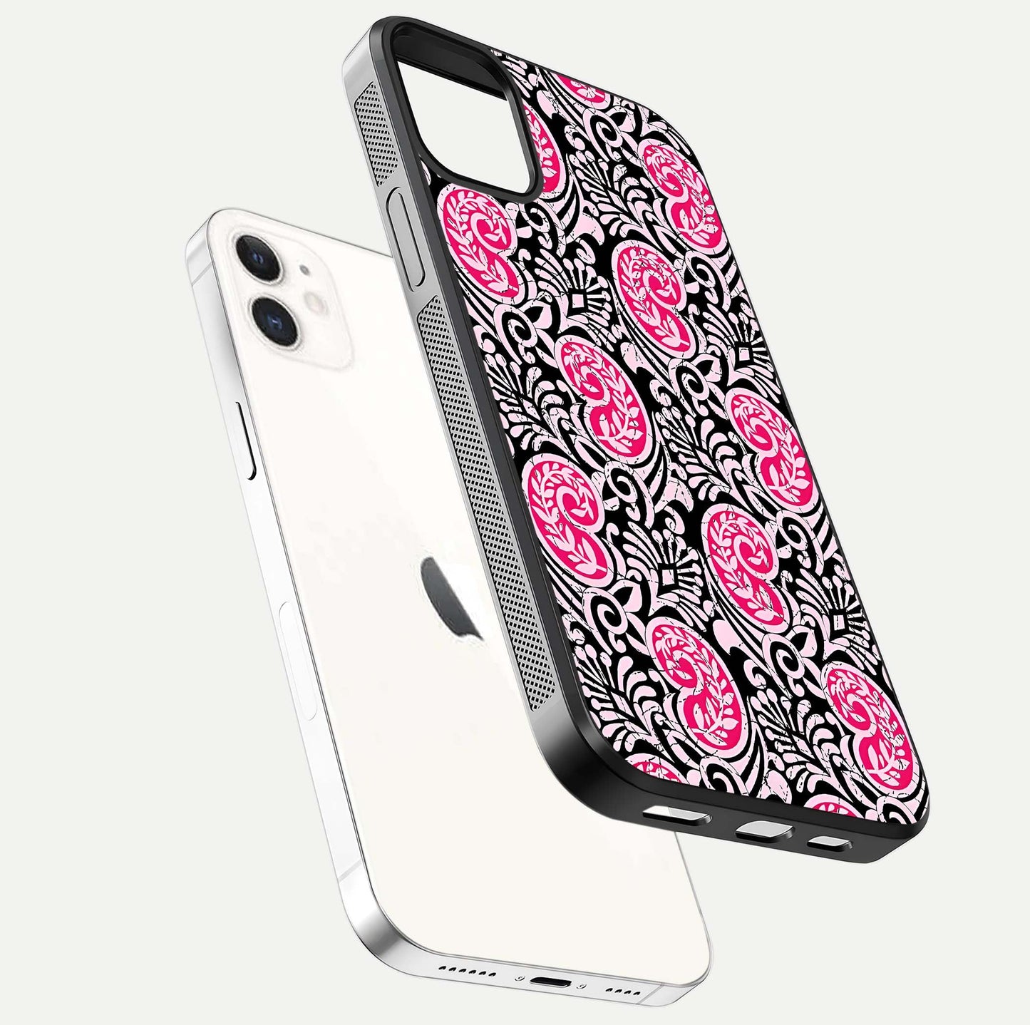 Crimson Paisley Charm Glass Case for iphone-12 floating mockup showing gloss shine and texture clarity