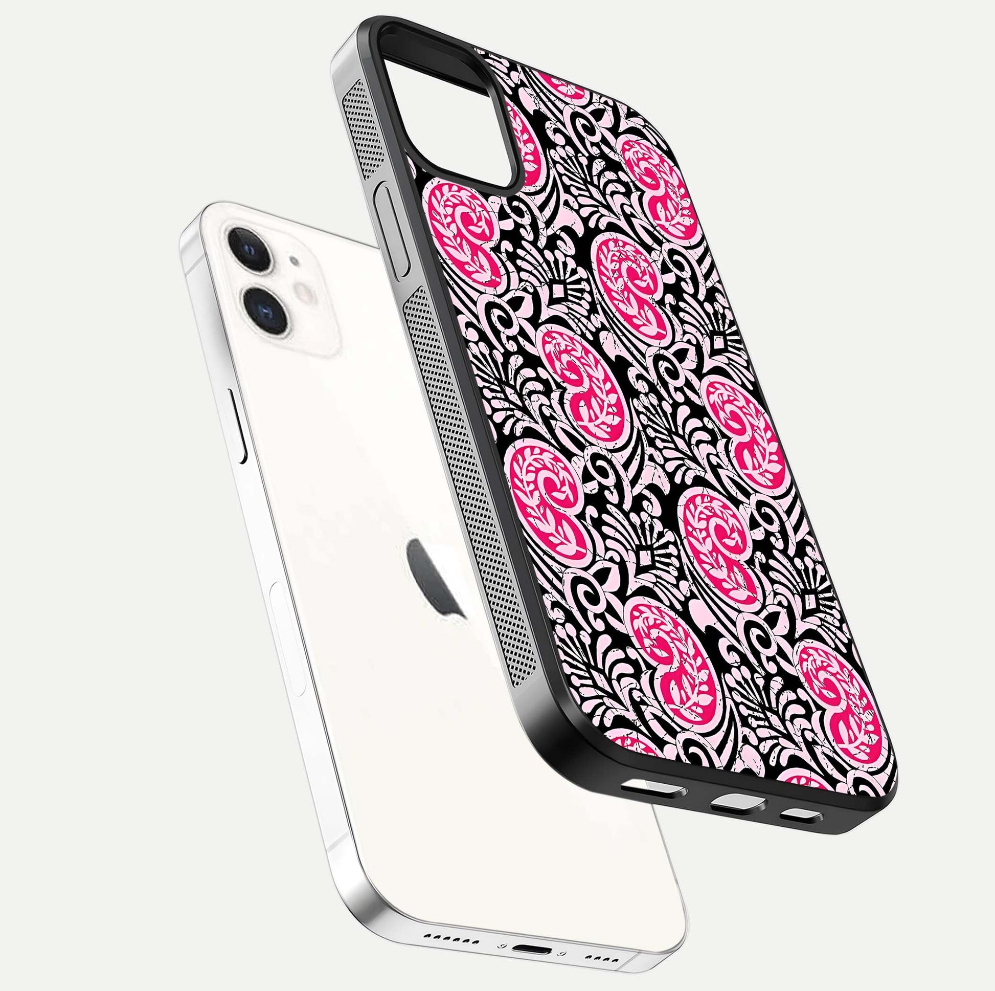 Crimson Paisley Charm Glass Case for iphone-12 floating mockup showing gloss shine and texture clarity