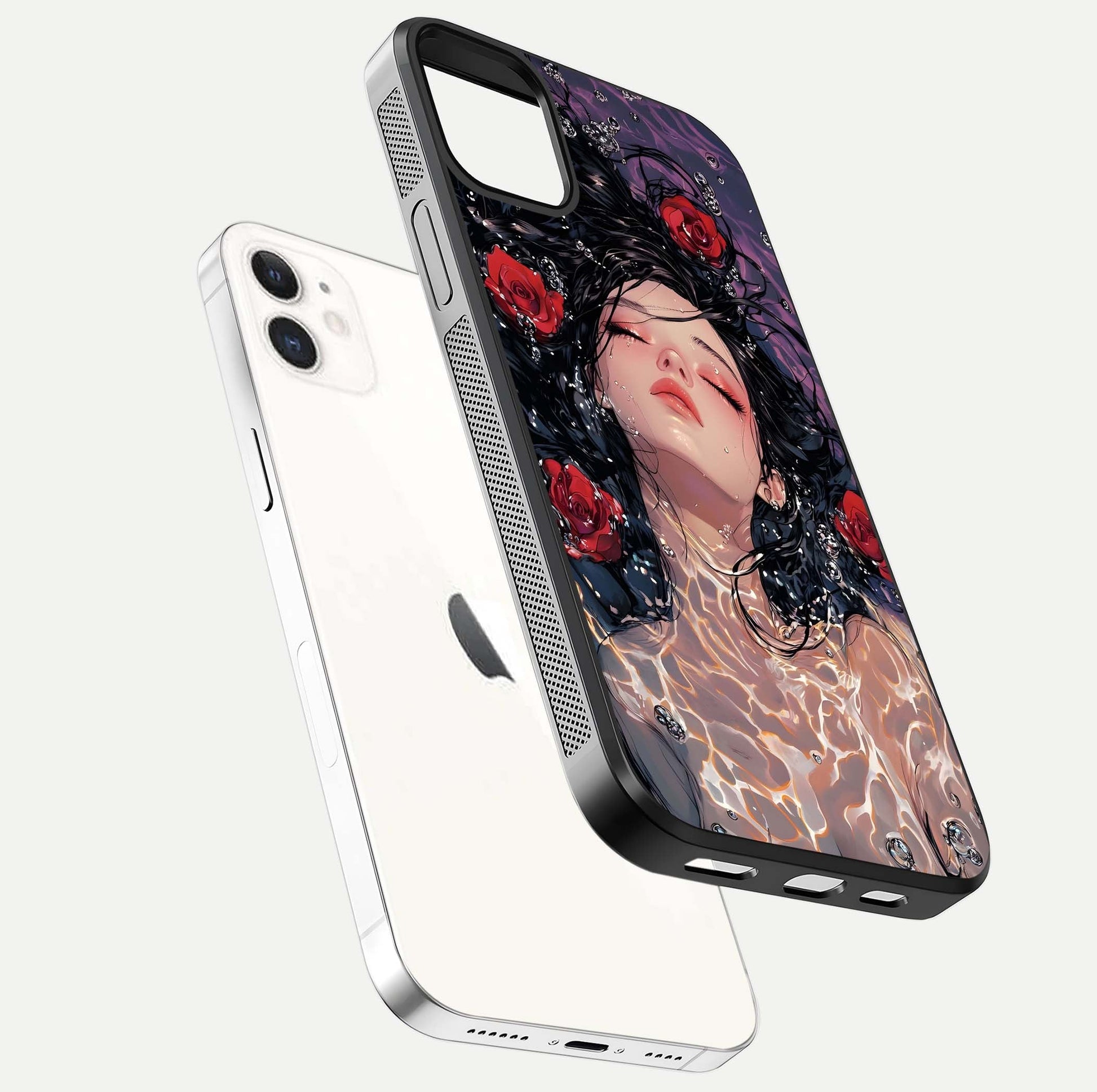 Crimson Rose Serenity Glass Case for iphone-12 floating mockup showing HD gloss and floral texture