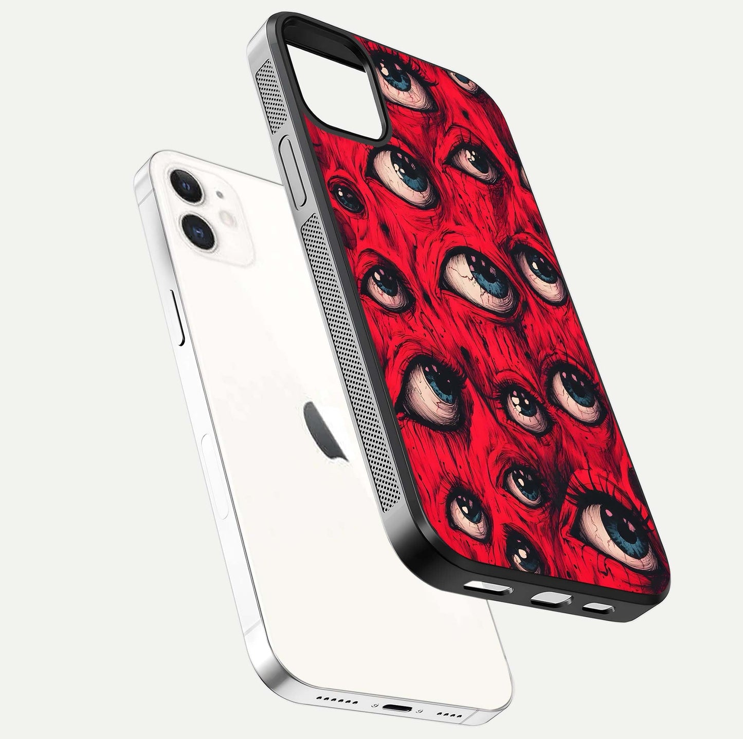 Crimson Watch Eyes Glass Case for iphone-12 floating mockup showing HD polish and bright gloss