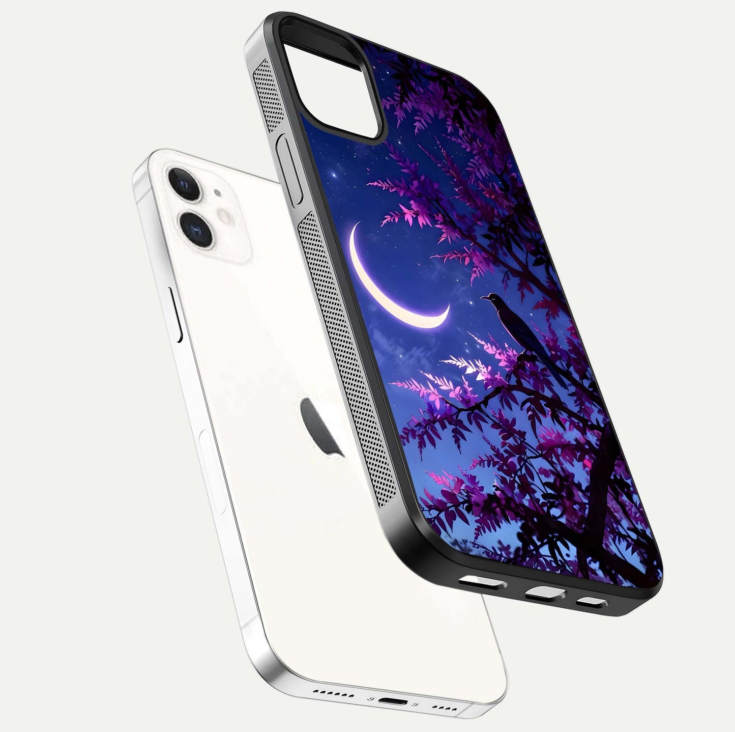 Crow & Moon Scenery Glass Case for iphone-12 floating mockup showing HD gloss texture and soft moonlight glow