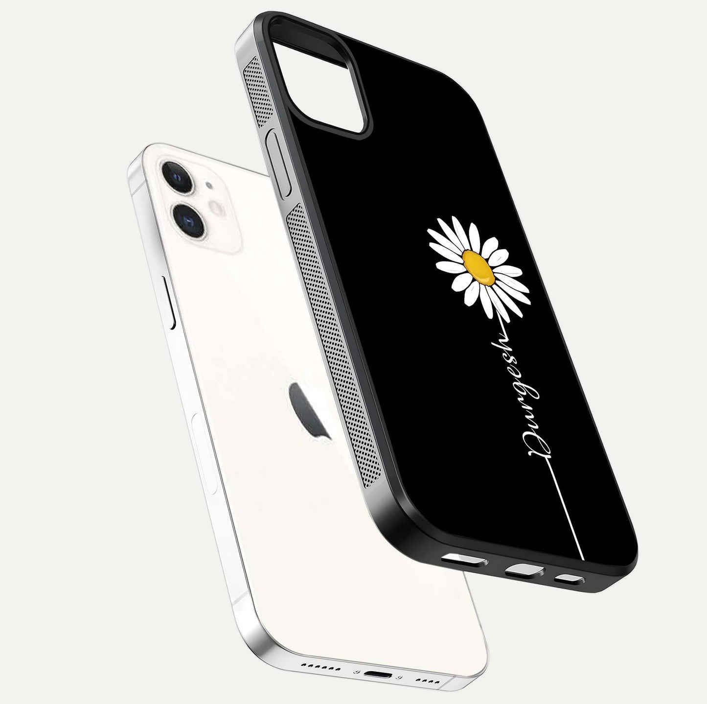 Custom Name White Flower Glass Case for iphone-12 floating mockup displaying HD gloss and delicate texture