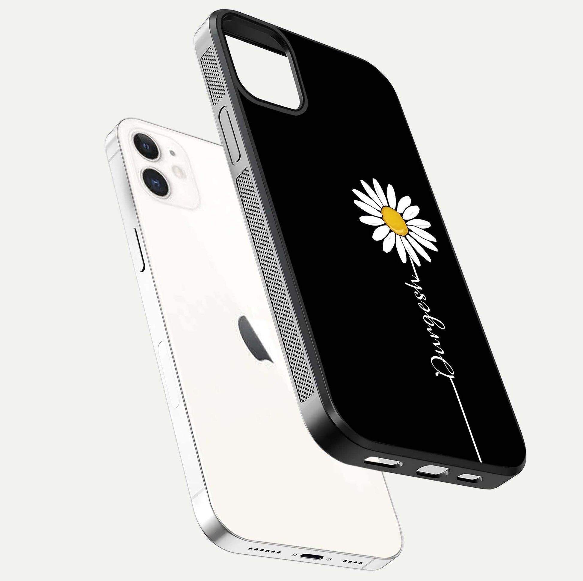 Custom Name White Flower Glass Case for iphone-12 floating mockup displaying HD gloss and delicate texture