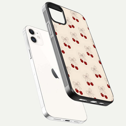 Cute Cherry Pattern Glass Case for iphone-12 floating mockup showing HD gloss shine and clear tones