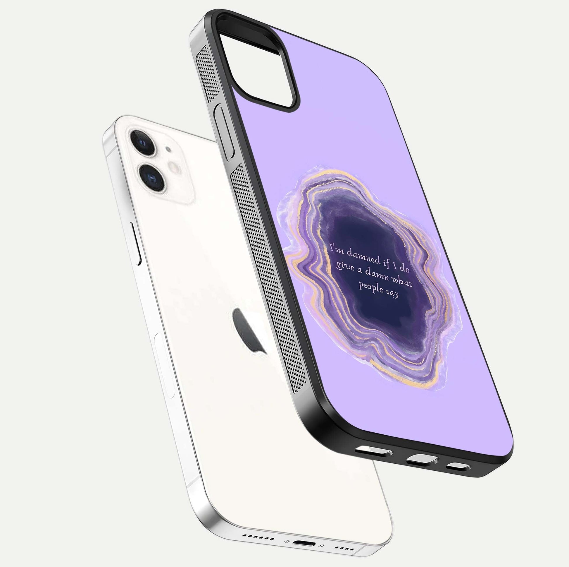 Damned People Quote Glass Case for iphone-12 floating mockup showing gloss reflection and text balance