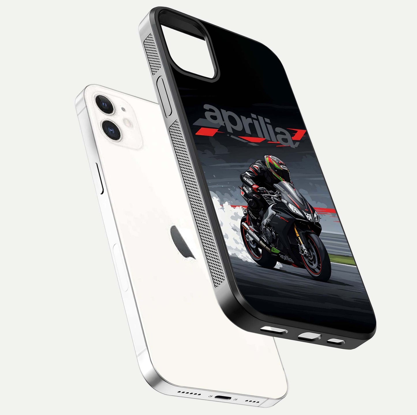 Dark Aprilla Glass Case for iphone-12 floating mockup showing glossy contrast and texture clarity