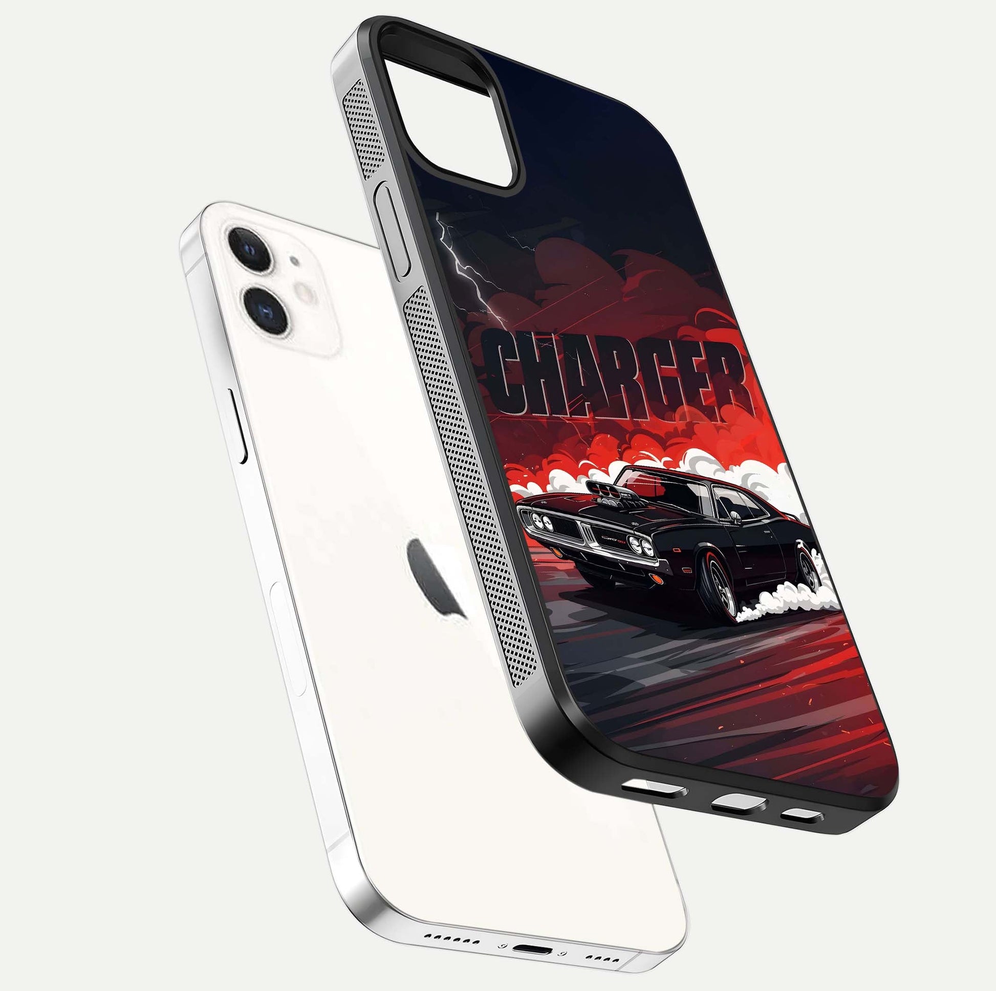 Dark Charger Fury Glass Case for iphone-12 floating mockup showing reflection depth and shiny surface