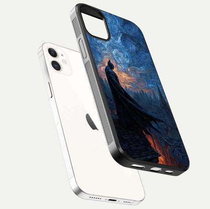 Dark Knight Dusk Glass Case for iphone-12 floating mockup showing glossy depth and cinematic lighting