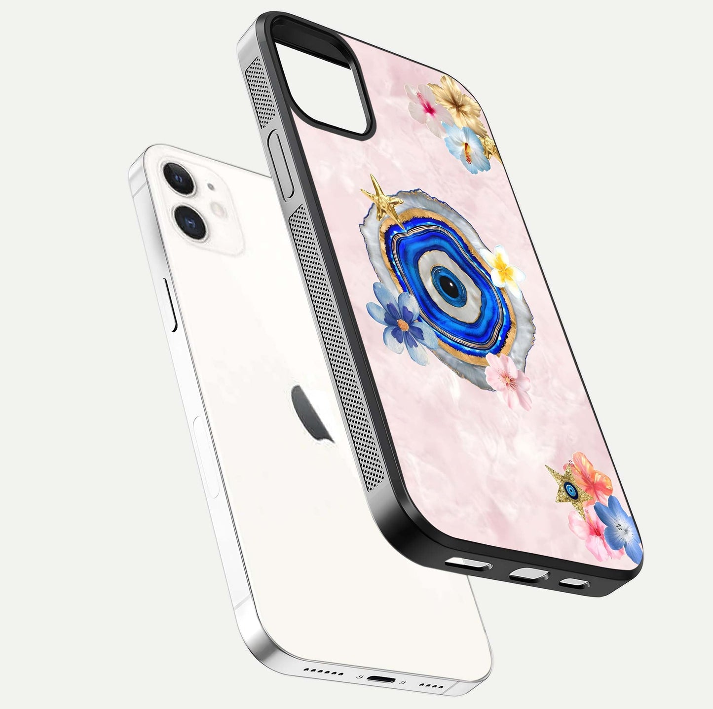 Divine Aura Bloom Glass Case for iphone-12 floating mockup showing gloss texture and elegant design