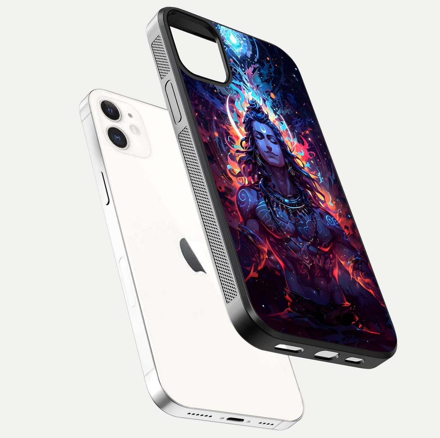 Divine Fire Shiv Glass Case for iphone-12 floating mockup showing glow texture and gloss finish