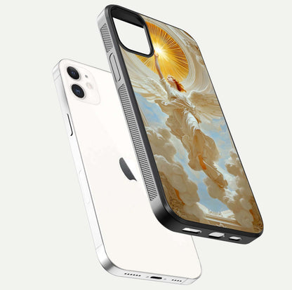 Divine Light Angel Glass Case for iphone-12 floating mockup showing gloss texture and radiant light
