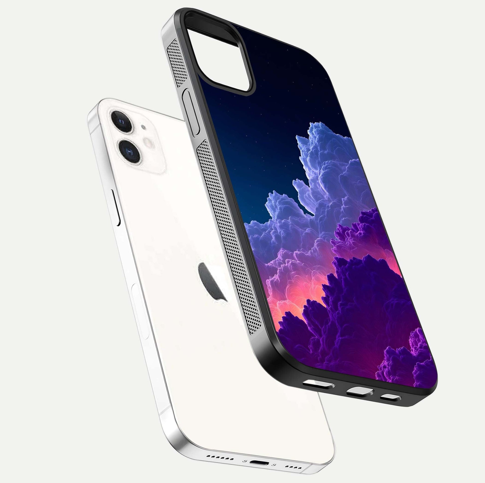 Dreamy Cloud Skies Glass Case for iphone-12 floating mockup showing glossy depth and delicate tone