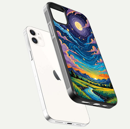 Dreamy Night Landscape Glass Case for iphone-12 floating mockup showing glossy depth and serene color