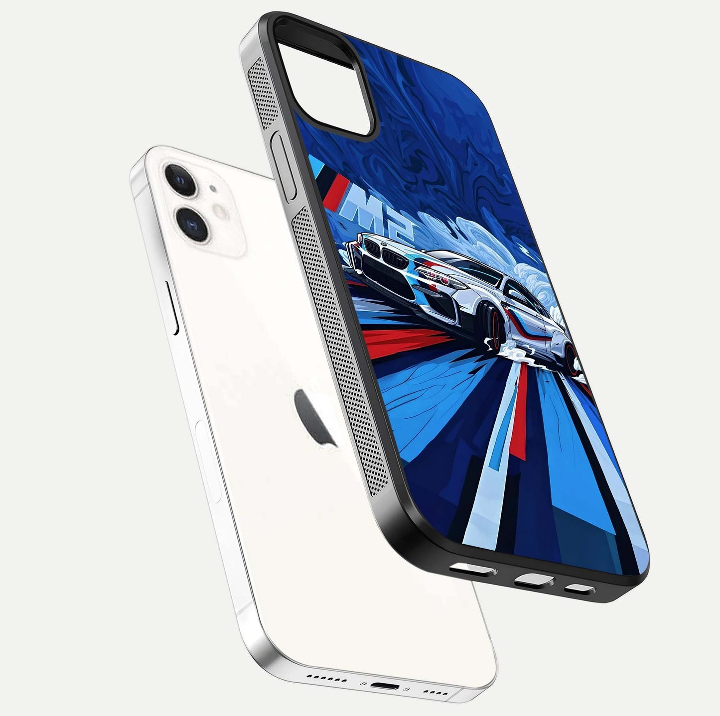 Drift Power Rush Glass Case for iphone-12 floating mockup showing gloss polish and speed-theme design
