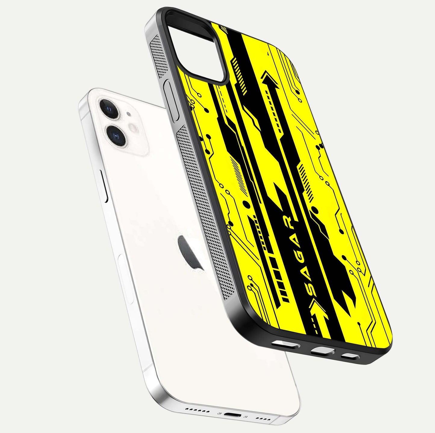 Electric Pulse CYBERPUNK Custom Name Glass Case for iphone-12 floating mockup showing HD gloss and vibrant cyberpunk glow
