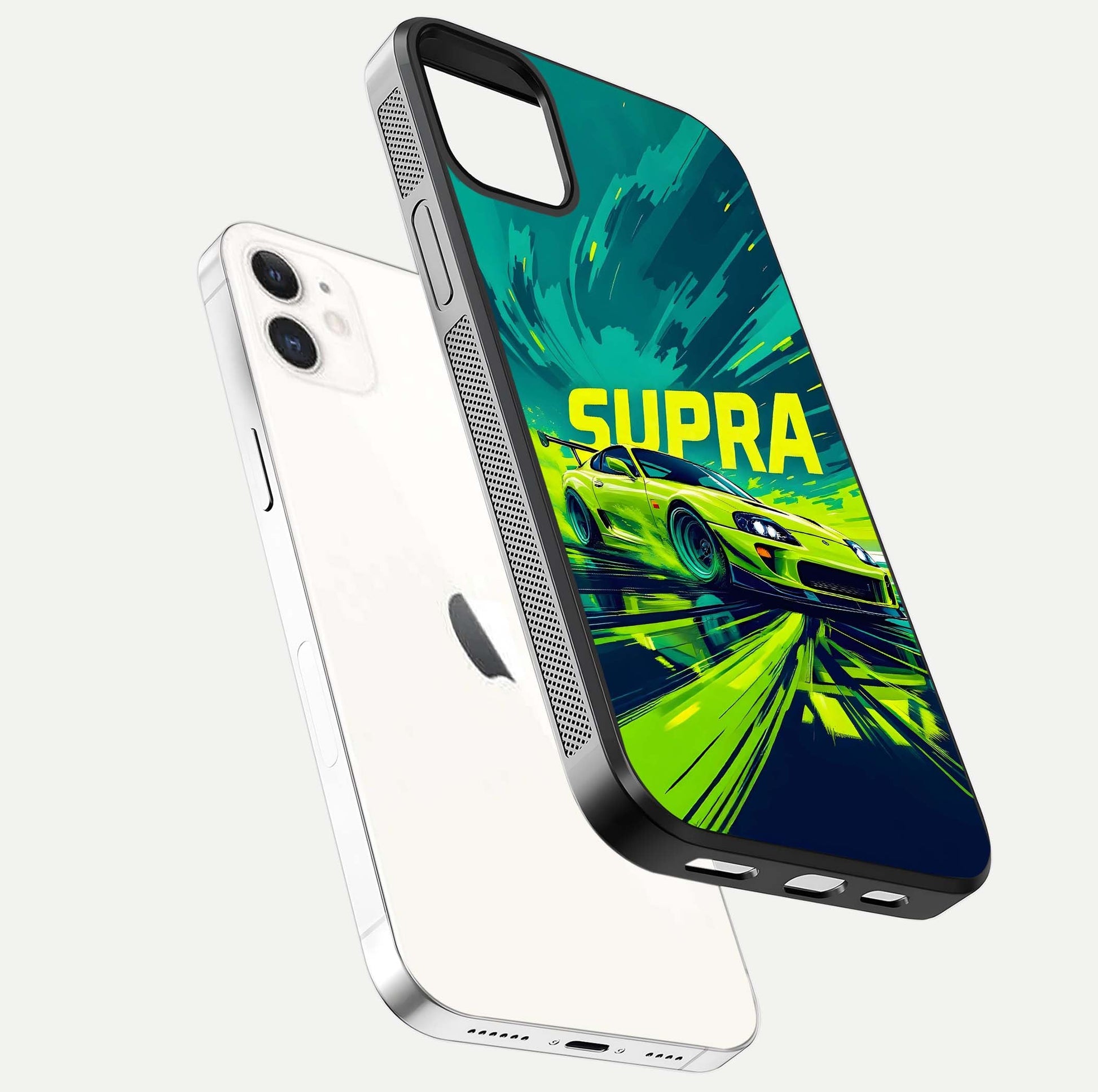 Electric Supra Thunder Glass Case for iphone-12 floating mockup showing gloss depth and energy glow