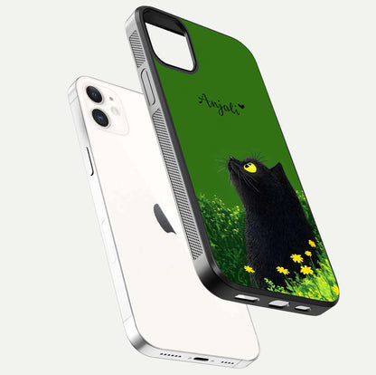 Emerald Cat Custom Name Glass Case for iphone-12 floating mockup showing HD gloss and soft gradient