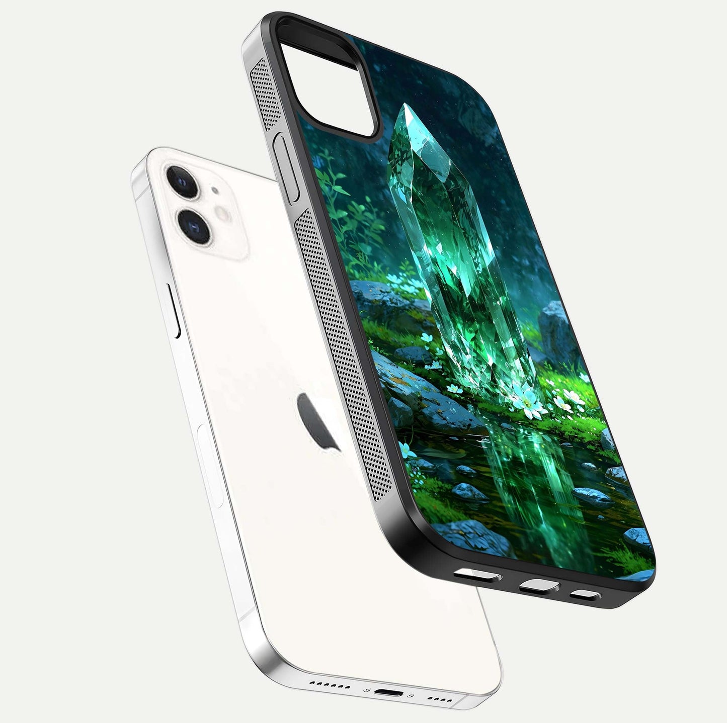 Emerald Light Crystal Glass Case for iphone-12 floating mockup showing glossy finish and radiant light pattern