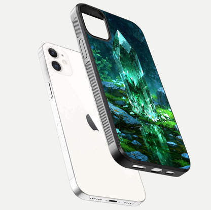 Emerald Light Crystal Glass Case for iphone-12 floating mockup showing glossy finish and radiant light pattern