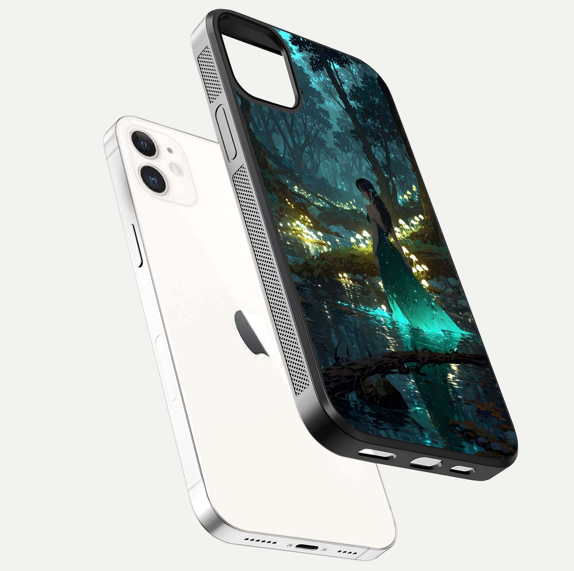 Enchanted Forest Glow Glass Case for iphone-12 floating mockup showing gloss polish and fantasy vibe