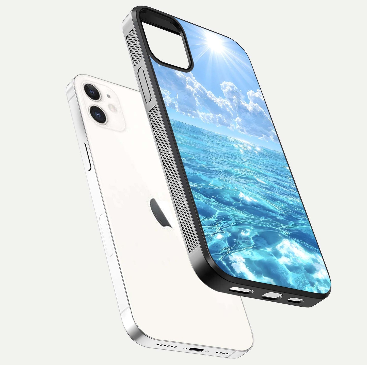 Endless Ocean Horizon Glass Case for iphone-12 floating mockup showing HD gloss and tranquil color
